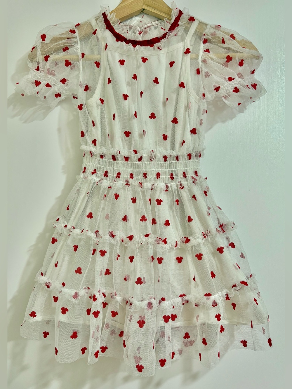 Disney Parks Girls Red Velvet Minnie Mouse Flocked Tulle 2 Piece Dress Set 5/6